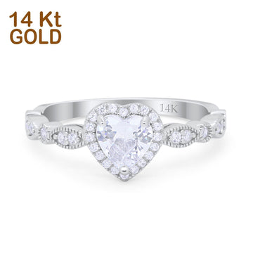 14K White Gold Art Deco Heart Promise Wedding Engagement Ring Simulated CZ Size-7